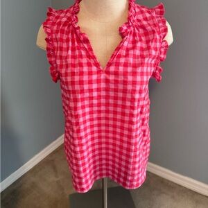 Vineyard Vines Performance Red/Pink Gingham Ruffle Blouse